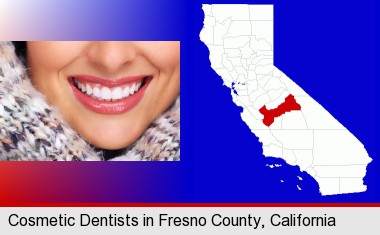 beautiful white teeth forming a beautiful smile; Fresno County highlighted in red on a map