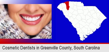 beautiful white teeth forming a beautiful smile; Greenville County highlighted in red on a map