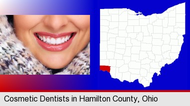 beautiful white teeth forming a beautiful smile; Hamilton County highlighted in red on a map