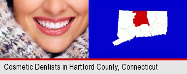 beautiful white teeth forming a beautiful smile; Hartford County highlighted in red on a map