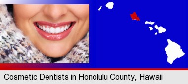beautiful white teeth forming a beautiful smile; Honolulu County highlighted in red on a map