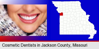 beautiful white teeth forming a beautiful smile; Jackson County highlighted in red on a map