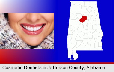 beautiful white teeth forming a beautiful smile; Jefferson County highlighted in red on a map