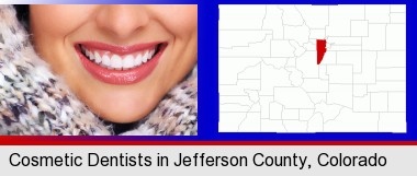 beautiful white teeth forming a beautiful smile; Jefferson County highlighted in red on a map