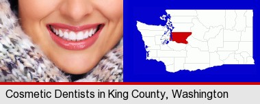 beautiful white teeth forming a beautiful smile; King County highlighted in red on a map