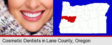 beautiful white teeth forming a beautiful smile; Lane County highlighted in red on a map