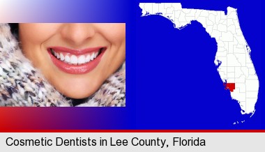 beautiful white teeth forming a beautiful smile; Lee County highlighted in red on a map