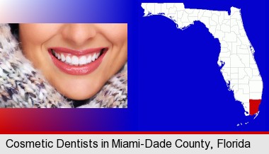 beautiful white teeth forming a beautiful smile; Miami-Dade County highlighted in red on a map