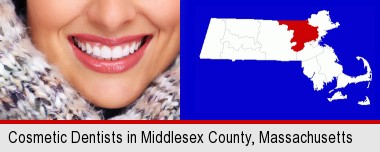 beautiful white teeth forming a beautiful smile; Middlesex County highlighted in red on a map