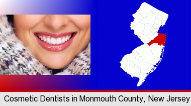 beautiful white teeth forming a beautiful smile; Monmouth County highlighted in red on a map