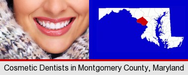 beautiful white teeth forming a beautiful smile; Montgomery County highlighted in red on a map