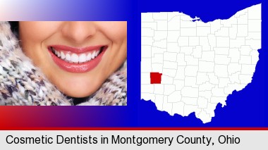 beautiful white teeth forming a beautiful smile; Montgomery County highlighted in red on a map