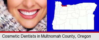 beautiful white teeth forming a beautiful smile; Multnomah County highlighted in red on a map