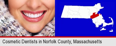 beautiful white teeth forming a beautiful smile; Norfolk County highlighted in red on a map