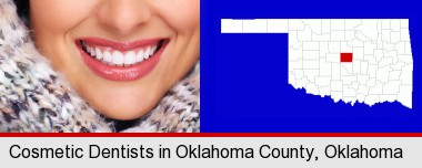 beautiful white teeth forming a beautiful smile; Oklahoma County highlighted in red on a map