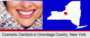 beautiful white teeth forming a beautiful smile; Onondaga County highlighted in red on a map