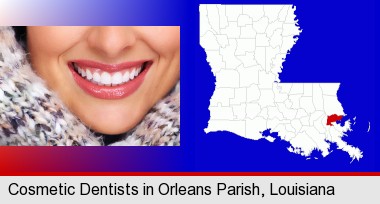 beautiful white teeth forming a beautiful smile; Orleans Parish highlighted in red on a map