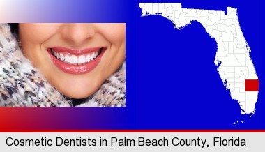 beautiful white teeth forming a beautiful smile; Palm Beach County highlighted in red on a map