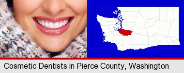 beautiful white teeth forming a beautiful smile; Pierce County highlighted in red on a map