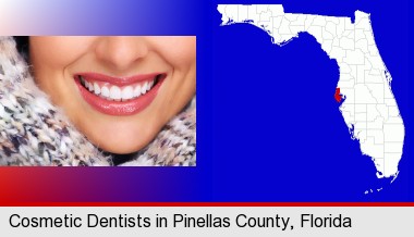 beautiful white teeth forming a beautiful smile; Pinellas County highlighted in red on a map