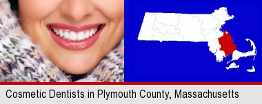 beautiful white teeth forming a beautiful smile; Plymouth County highlighted in red on a map