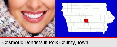 beautiful white teeth forming a beautiful smile; Polk County highlighted in red on a map