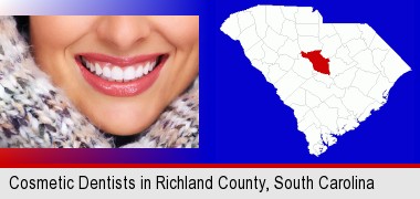 beautiful white teeth forming a beautiful smile; Richland County highlighted in red on a map