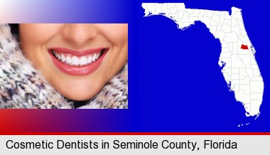 beautiful white teeth forming a beautiful smile; Seminole County highlighted in red on a map