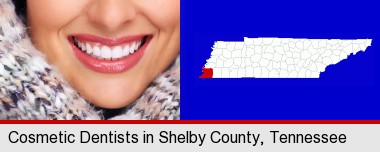beautiful white teeth forming a beautiful smile; Shelby County highlighted in red on a map