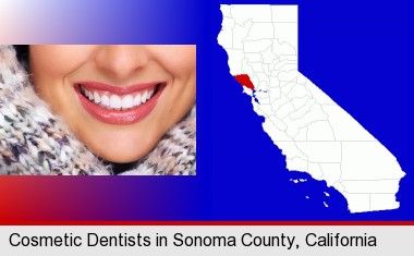 beautiful white teeth forming a beautiful smile; Sonoma County highlighted in red on a map