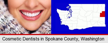 beautiful white teeth forming a beautiful smile; Spokane County highlighted in red on a map