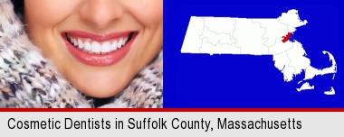 beautiful white teeth forming a beautiful smile; Suffolk County highlighted in red on a map