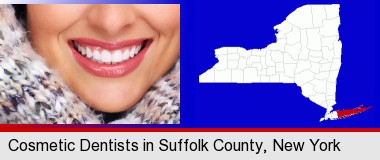 beautiful white teeth forming a beautiful smile; Suffolk County highlighted in red on a map