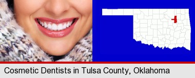 beautiful white teeth forming a beautiful smile; Tulsa County highlighted in red on a map