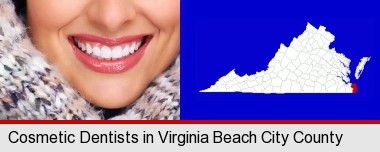 beautiful white teeth forming a beautiful smile; Virginia Beach City County highlighted in red on a map
