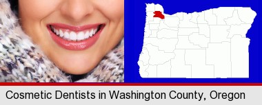 beautiful white teeth forming a beautiful smile; Washington County highlighted in red on a map