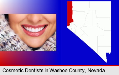 beautiful white teeth forming a beautiful smile; Washoe County highlighted in red on a map