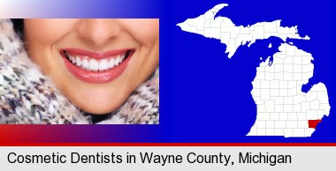 beautiful white teeth forming a beautiful smile; Wayne County highlighted in red on a map